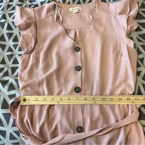 Monteau‎ Pink Crepe Chiffon Button Front V-Neck Flutter Cap Sleeve Midi Dress L thumbnail 10