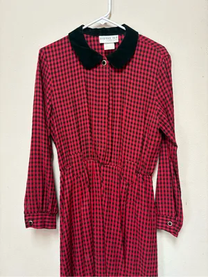 Vintage 90s Red Black Check Velvet Collar Maxi Dress Whimsigoth Grunge L thumbnail 10