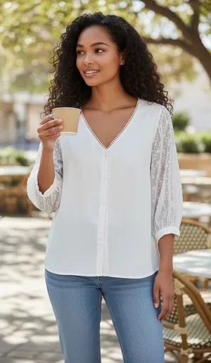 Agnes Orinda White V Neck Button Front Blouse Sheer Lace Sleeve Top Plus Size 1X thumbnail 1