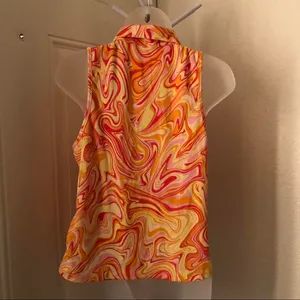 Kontrol Orange yellow psychedelic swirl halter sleeveless ruched button up down top shirt blouse stretchy thumbnail 6