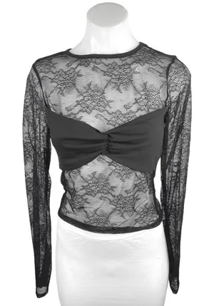 Women's Black Floral Lace Long Sleeve Sheer See Trough Crop BlouseTop Size S thumbnail 1