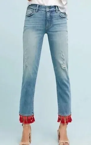 Anthropologie Pilcro Slim Boyfriend Jeans with Red Tassels thumbnail 1