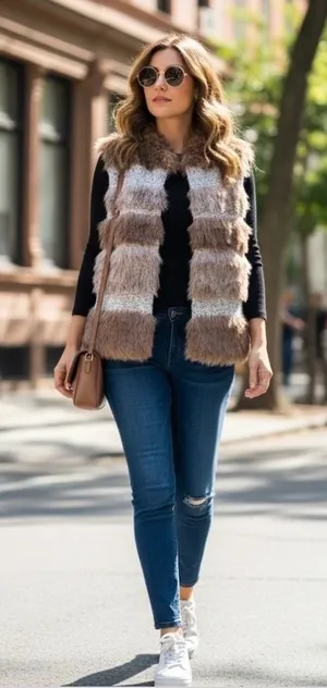 Dylan Women‎ Large Faux Fur Striped Vest Brown Tan Cream Open Front Lined thumbnail 1