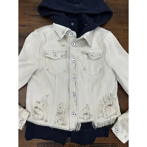 Free People Hoodie Jacket Women XS White Distressed Double‎ Weave Denim thumbnail 7
