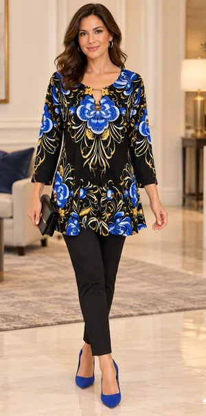 JM Collection Floral Rhinestone Keyhole Tunic Top M Black Blue Gold Floral Glam thumbnail 1