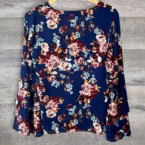 Floral Peasant Top Women S Flare Bell Long Sleeve Blouse Navy Blue thumbnail 4