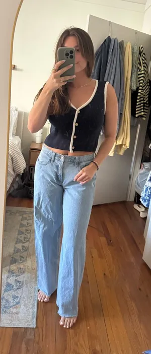 Abercrombie Navy Button-Up Ribbed Crop Top with White Trim thumbnail 1
