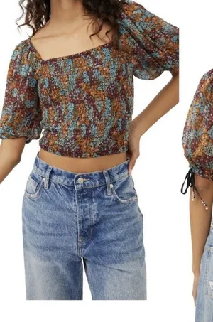 Free People Boho Smock Back On Top Multicolor Floral Puff Sleeve Crop Top Sz S thumbnail 1
