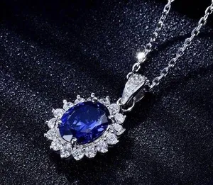 18K White Gold Plated Diamond Blue Gemstone Sapphire Pendant Necklace for Women thumbnail 2