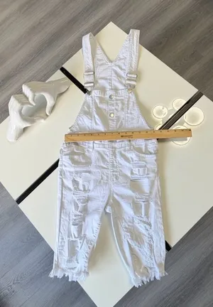 American Bazi White Distressed Denim Overalls - Size S (Fringe Hem) thumbnail 10