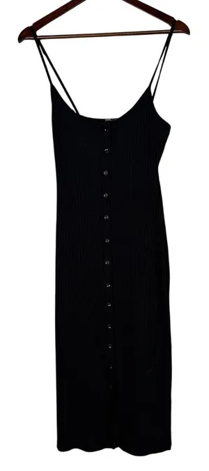 ZARA Ribbed Button Bodycon Midi Dress Strappy Stretch Slim Round Neck M Black thumbnail 1