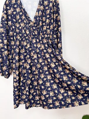 Miss Sparkling Navy Floral Surplice V Neck Elastic Waist Midi Dress NWOT thumbnail 4