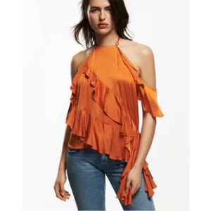 NEW Zara Orange Satin Ruffle Draped Off Shoulder Tank Top Blouse Small thumbnail 3