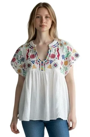 UMGEE Women’s Boho White Gauze Embroidered Babydoll Short Sleeve Top thumbnail 1