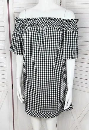 Vineyard Vines Gingham Check Off The Shoulder Shift‎ Mini Dress Black White XS thumbnail 1