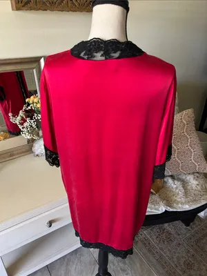 Victoria secret Vtg 80’s red silk blk lace trim short robe OS thumbnail 7