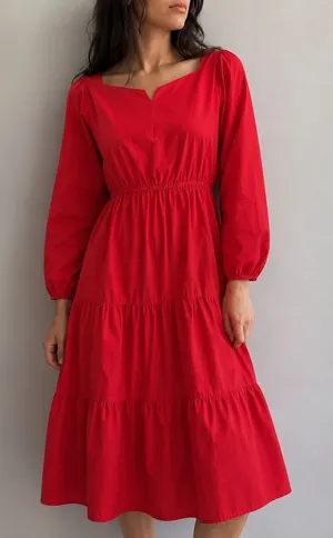 Busy Bees Smocks Cherry Red Prairie Cottagecore Tiered‎ Midi Dress Medium thumbnail 1