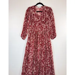 En Saison Womens Dress Red Maxi V Neck Floral Puff Sleeve Pleated Fairycore XS thumbnail 6