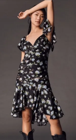 Anthropologie NWT Floral Sweetheart Ruched Drop waist Dress large‎ elegant goth thumbnail 1
