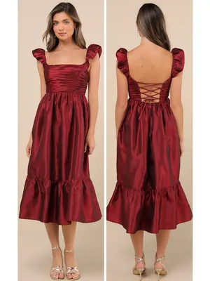 Lulus Poised Passion Wine Red Taffeta Pleated Ruffled Midi Dress Size XS formal thumbnail 2