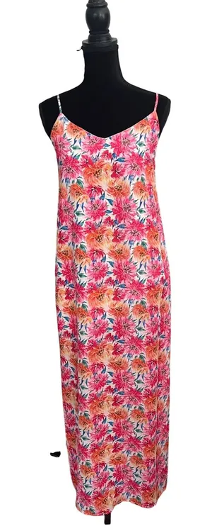 Pink Lily Floral Maxi Slip Dress Pink Orange Adjustable Strap Side Slit V-Neck M thumbnail 1