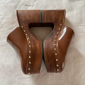 Wild Pair 3 Chunky Cappuccino Brown wooden platform clogs with gold stud details & a boho vibe thumbnail 2