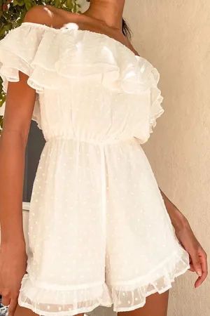 New Frilled to Bits White Swiss Dot Off-the-Shoulder Romper MSRP $58 thumbnail 5