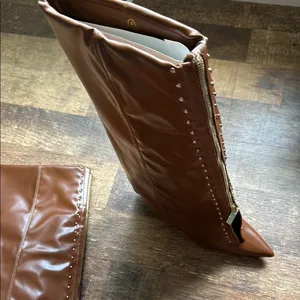 Source Unknown Elegant Brown Leather Women's Boots brown knee high boots with studded details thumbnail 6