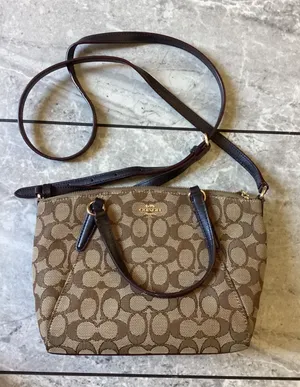 Coach Kelsey Satchel Signature Jacquard Canvas Brown Crossbody Bag F27580 thumbnail 1