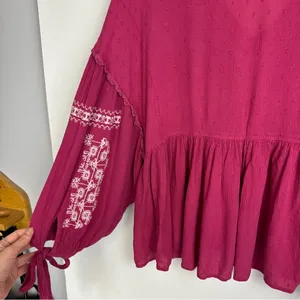 American Eagle Embroidered Boho Top Sz XL Pink Balloon Sleeves thumbnail 15