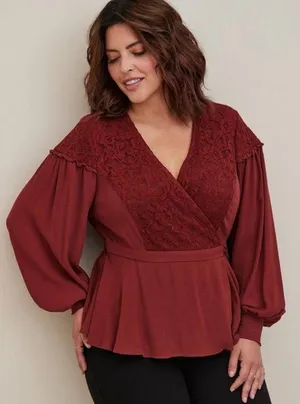 TORRID Crinkle Gauze Lace Inset Surplice Top Tie Wrap in Madder Brown Size 1 thumbnail 1