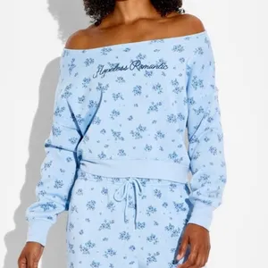 Mighty Fine Hopeless Romantic Floral Off Shoulder Cropped Sweatshirt‎ Blue SM thumbnail 5