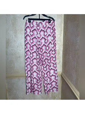 Rose + Olive Pink Geometric Wide Leg Flowy Palazzo Silky Pants L Coastal Resort thumbnail 4