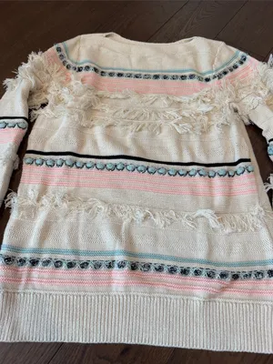 Loft Fringe Detail Cream Striped Women’s Sweater Size Small - C54-155 thumbnail 2