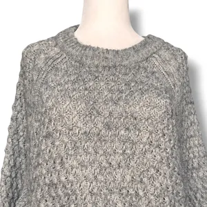 Gray Marled Chunky Open Knit Oversized Sweater Fisherman Cozy Cabin Crewneck thumbnail 2