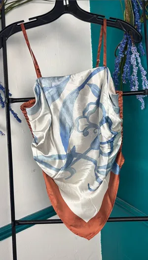 Silk-Feel Blue Floral Scarf Tank Top - Rust Trim cute dressy top thumbnail 1