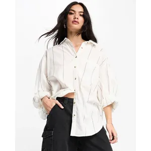 Free People Oversized Happy Hour Stripe Button Down Top White Black Small Preppy thumbnail 5