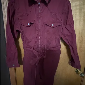 Women's Burgundy denim Jumpsuit size medium cropped length thumbnail 2