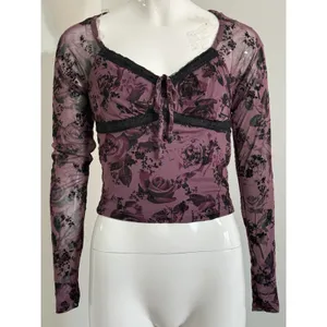 Derek Heart Y2K Purple Mesh Floral Lace Trim Long Sleeve Crop Top Grunge Blouse Women’s M thumbnail 2