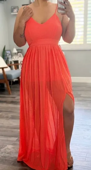 Coral Spaghetti-Strap Maxi Dress with High Side Slit thumbnail 1