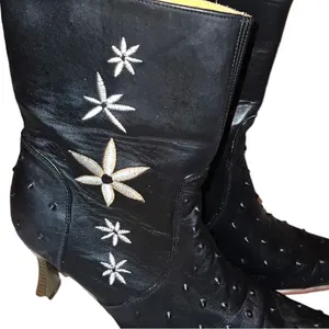 El Canelo lady’s black booties with cream flowers on side. thumbnail 6