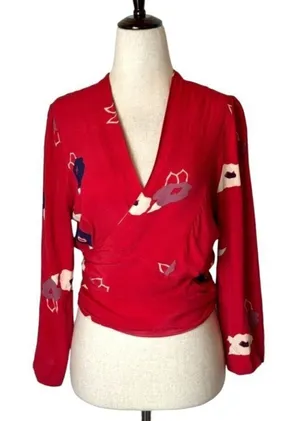 Rollas Wrap Shirt Women Small Red Floral Print Delilah‎ Blouse Boho Cottagecore thumbnail 1