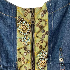 Aseesa Bohemian Festival Denim Jean Top Embellished Beaded Lace size large thumbnail 2
