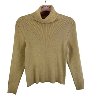 Lauren Ralph Lauren Gold Metallic Ribbed Turtleneck Sweater LRL Logo Womens L thumbnail 1