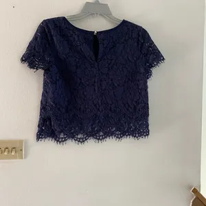 Lulus Turn Back Time Lace Two-Piece Crop Top Mini Skirt Set Small Navy thumbnail 6