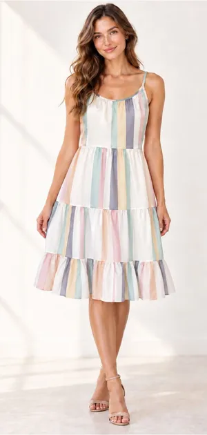 NWT Japna Pastel Stripe Tiered Midi Sundress Open Back Tie Bow Cami Boho S vacay thumbnail 1