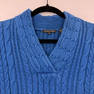 Jeanne Pierre Cable Knit Sweater Women L Blue 100% Cotton V Neck Preppy Coastal thumbnail 3