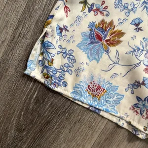 Joie Cream and Blue Floral Blouse Medium Button Down Satin Top thumbnail 7