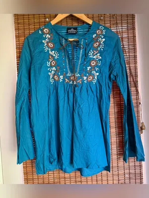NWOT Vintage Angie Teal Embroidered Boho Tunic Top Medium thumbnail 2