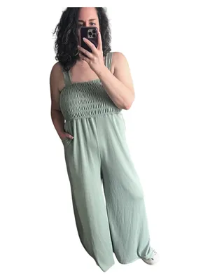 Ces Femme Boutique smocked jumpsuit light sage green thumbnail 2